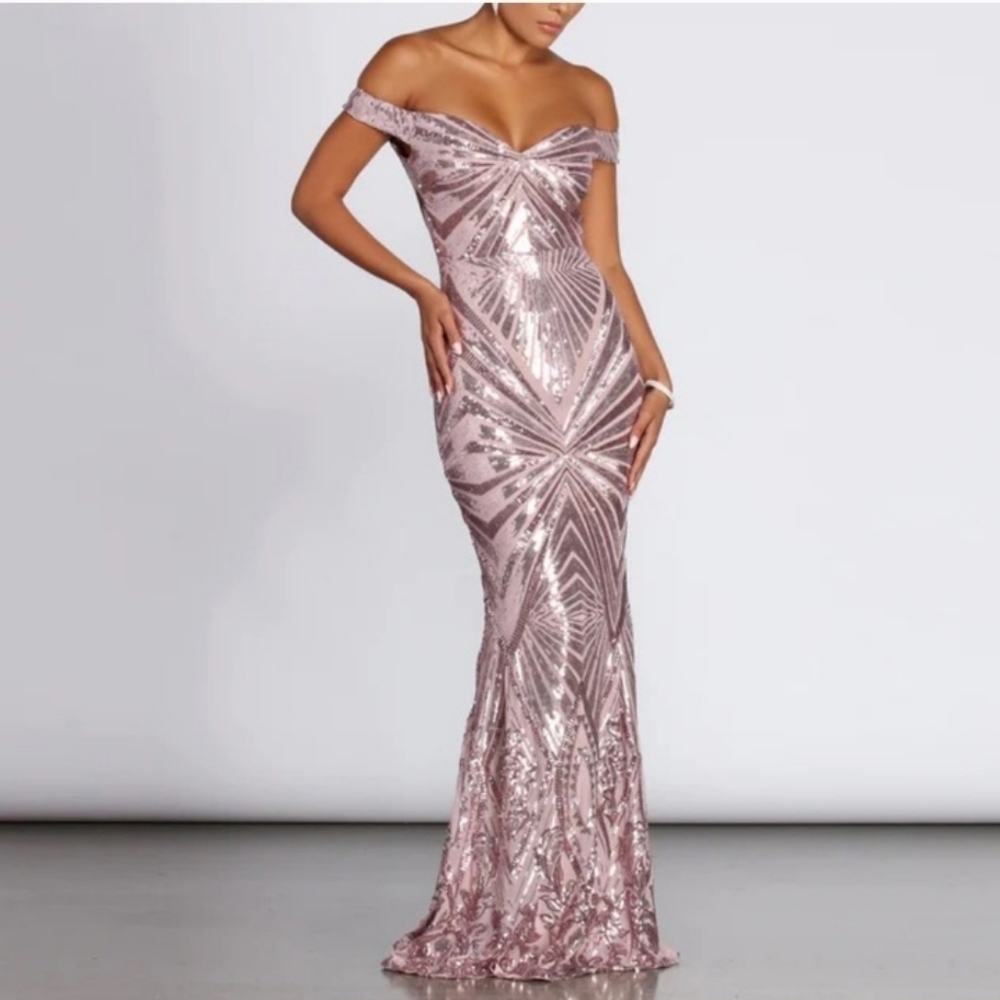 Windsor Lilith Off the shoulder Pink sequin evening gown, 18" Ptp, 60' Long